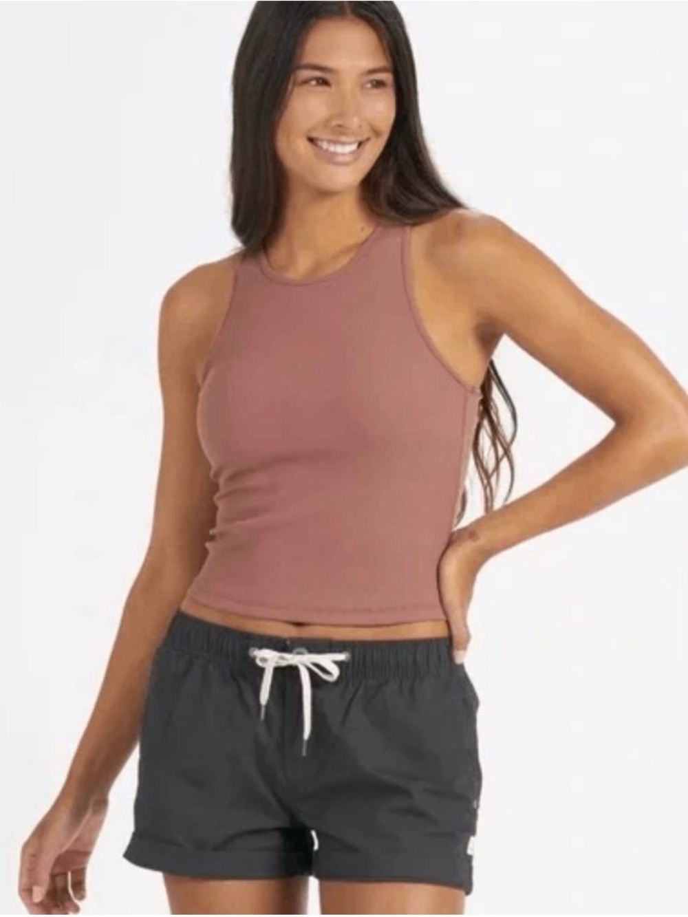 VUORI Pose Plyo Ribbed Tank Top Built-in Bra High Neck Rosewood Heather Mauve
